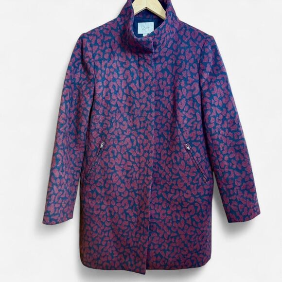 Ann Taylor LOFT Red Leopard Print, Funnel Neck, Navy Blue Coat size M - Picture 1 of 10